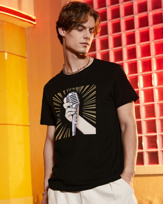 Mens Microphone Hand Graphic Short Sleeve Cotton T  Shirts