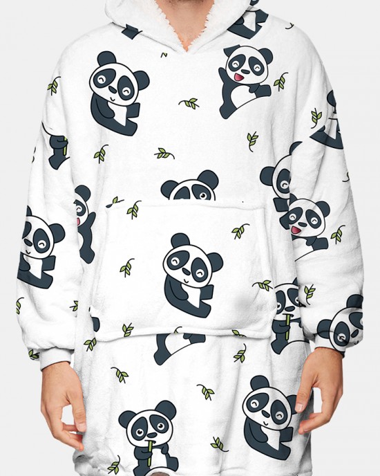 Mens Cute Panda Printed Flannel Oversized Two  Sided Blanket Hoodie With Pouch Pocket