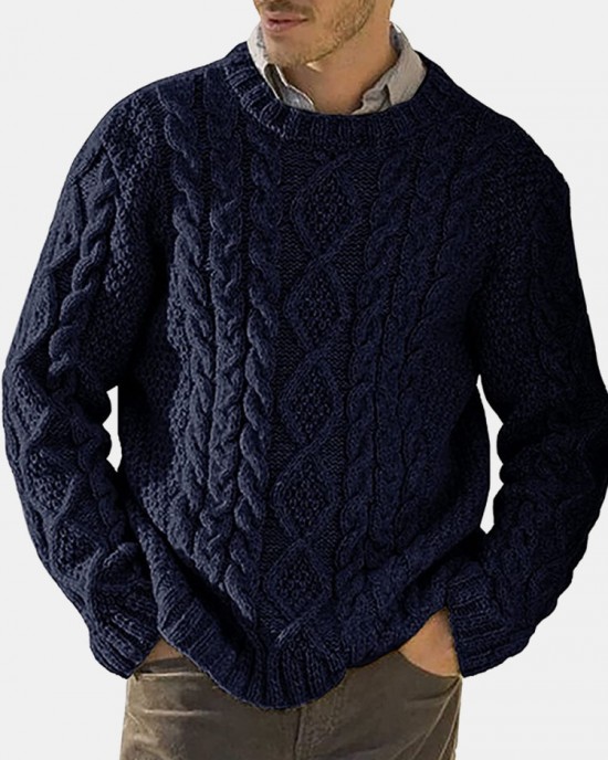 Men Solid Cable Knit Round Neck Casual Pullover Sweaters