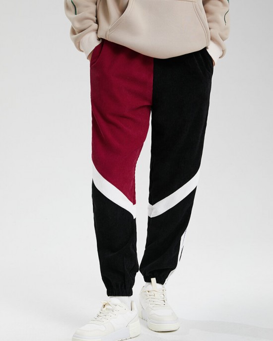 Men Corduroy Side Letter Ribbon Contrast Patchwork Casual Pants