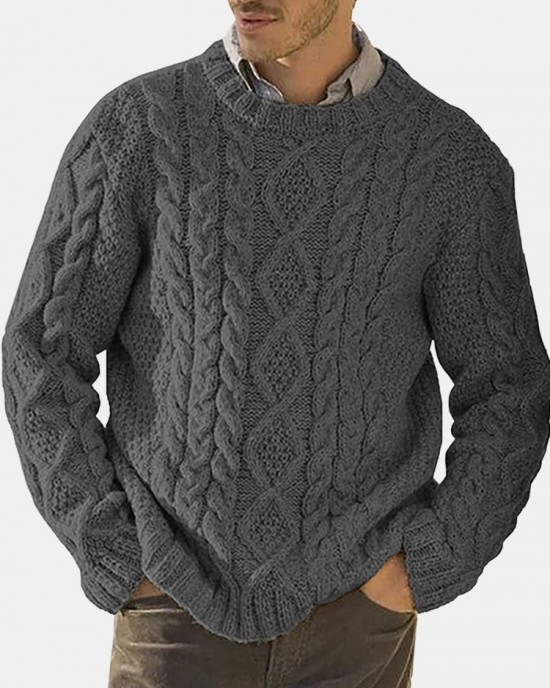 Men Solid Cable Knit Round Neck Casual Pullover Sweaters