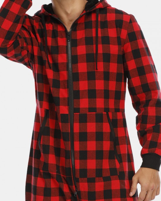 Mens Plaid Zipper Front Kangaroo Pocket Hooded One Piece Jumpsuit Home Warm Sleepwear