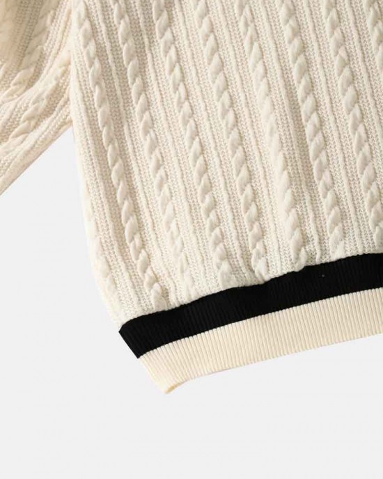 Men Cable Knitted Strip Contrast Pullover Loose Casual Sweaters