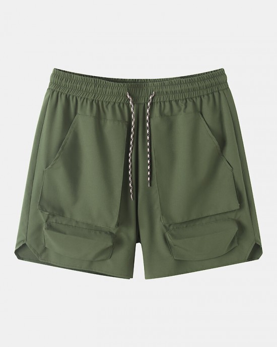 Men Plain Multi Pocket Utility Drawstring Mid Length Elastic Waist Cargo Shorts