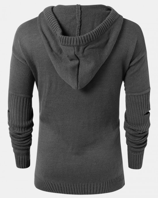 Mens Solid Color Design Cut Out Sleeve Kitted Hooded Sweaters