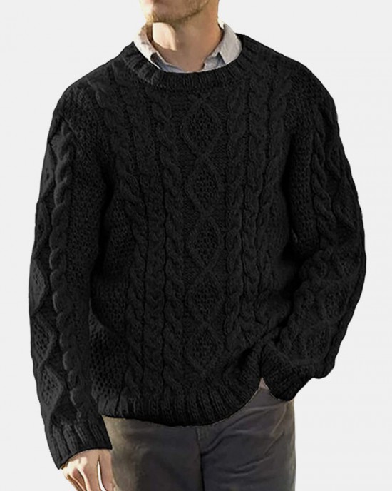 Men Solid Cable Knit Round Neck Casual Pullover Sweaters