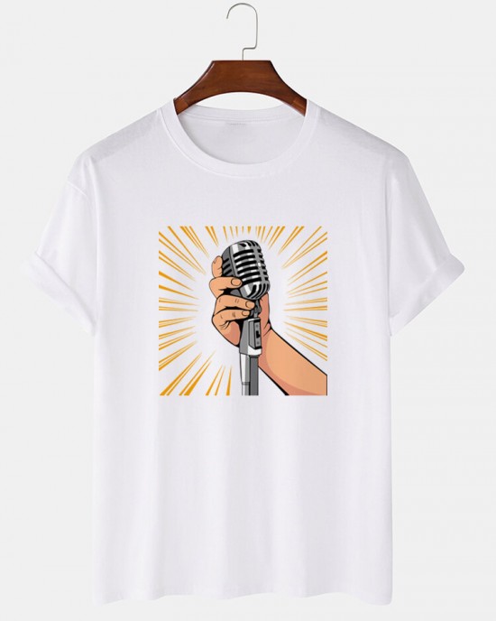 Mens Microphone Hand Graphic Short Sleeve Cotton T  Shirts