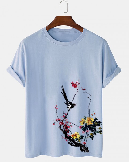 Mens Bird   Plum Bossom Print Short Sleeve Cotton T  Shirts