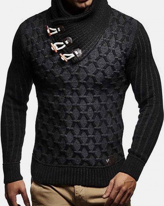 Mens Graphics Knitted Texture High Neck Warm Pullover Sweaters