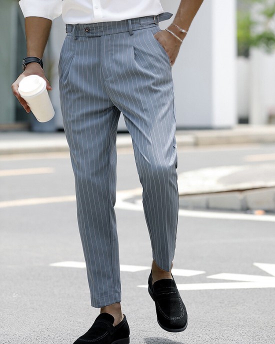 Men Striped Print Ruched Slimming Ankle Length Business Formal Pants