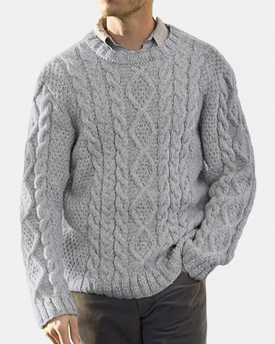 Men Solid Cable Knit Round Neck Casual Pullover Sweaters