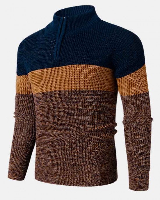 Mens Colorblock Knitting Half Zipper Front Drop Shoulder Casual Sweaters