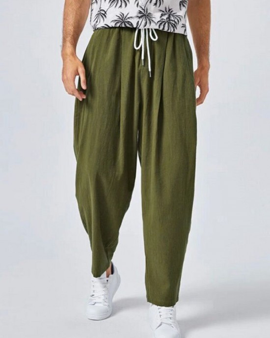 Men Solid Color Pleats Drawstring Elastic Waist Side Pocket Casual Pants