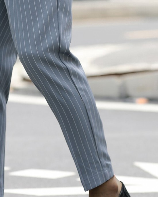 Men Striped Print Ruched Slimming Ankle Length Business Formal Pants