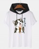 Mens Cute Cat Japanese Print Short Sleeve Drawstring Hooded T  Shirts