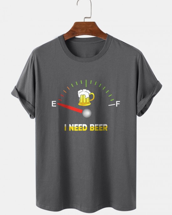 Mens Beers Fuel Meter Print Cotton Short Sleeve T  Shirts