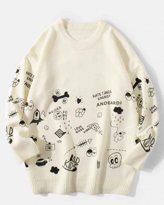 Mens Cute Cartoon Print Round Neck Long Sleeve Knitted Pullover Sweaters