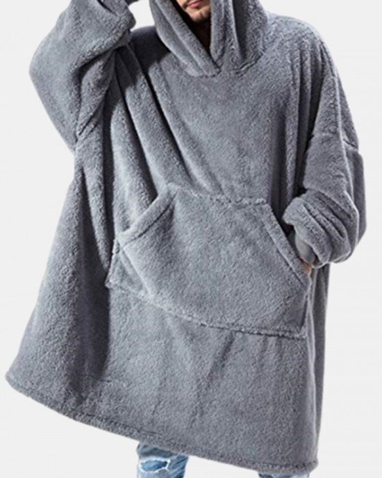 Mens Flannel Thicken Oversized Kangaroo Pocket Blanket Hoodies Warm Homewear