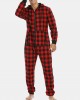 Mens Plaid Zipper Front Kangaroo Pocket Hooded One Piece Jumpsuit Home Warm Sleepwear