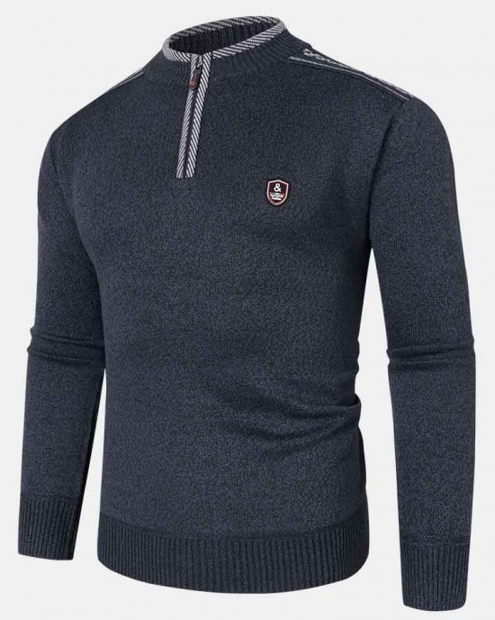 Mens Applique Half Zipped Front Pullover Knitted Sweaters