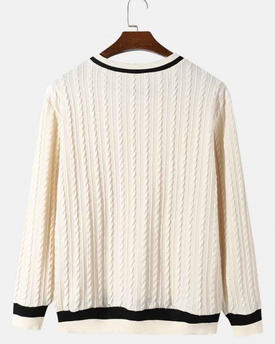 Men Cable Knitted Strip Contrast Pullover Loose Casual Sweaters