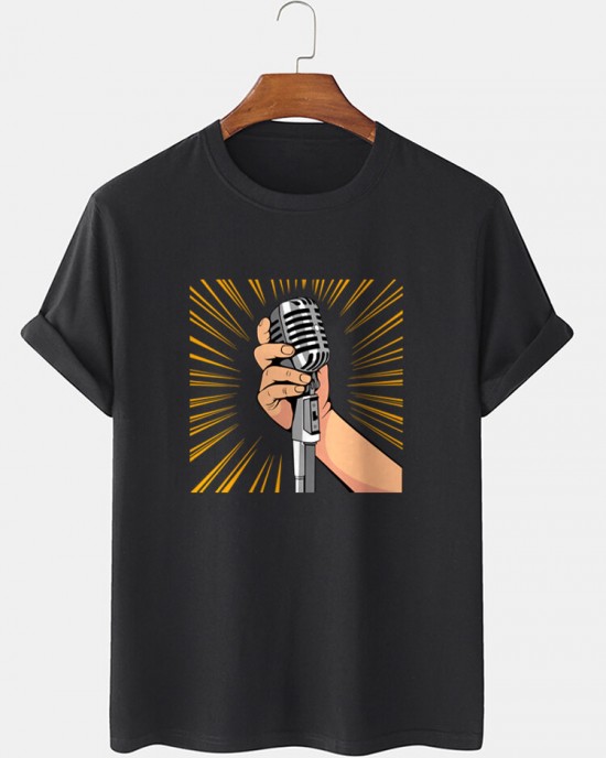 Mens Microphone Hand Graphic Short Sleeve Cotton T  Shirts