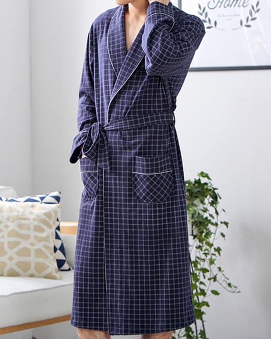 Mens Plaid Print Long Sleeve Comfy Sleepwear Bathrobe Home Robe With Pocket