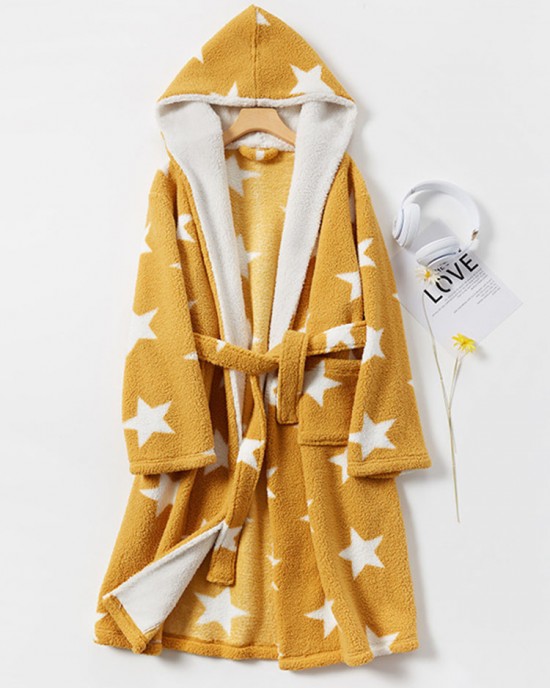 Mens Thick Star Print Home Sashes Plush Warm Hooded Sleepwear Robes With Pocket