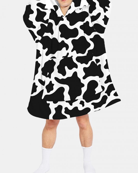 Mens Cow Pattern Print Flannel Two  Sided Oversized Blanket Hoodie With Pouch Pocket