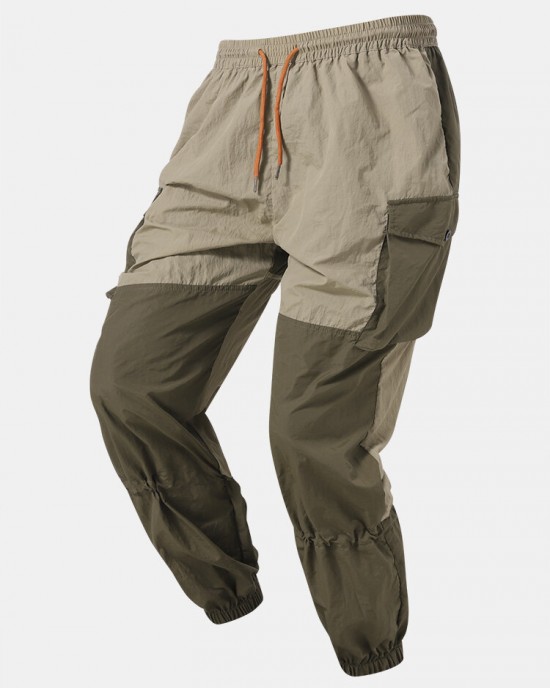 Men Colorblock Multi Pocket Drawstring Ankle Length Cargo Pants