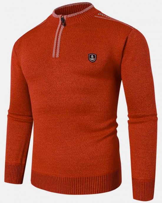 Mens Applique Half Zipped Front Pullover Knitted Sweaters