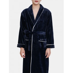 Mens Flannel Lapel Double Pocket Warm Belted Robes With Contrast Binding
