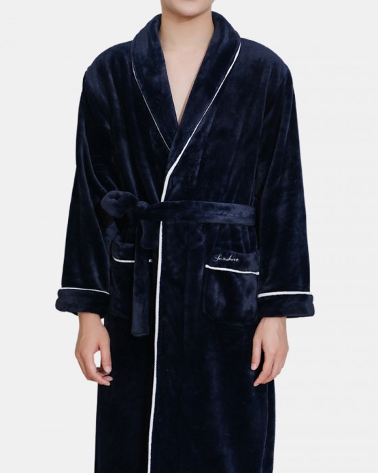 Mens Flannel Lapel Double Pocket Warm Belted Robes With Contrast Binding