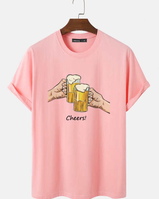 Mens Beers Cheers Graphic Crew Neck Cotton Short Sleeve T  Shirts