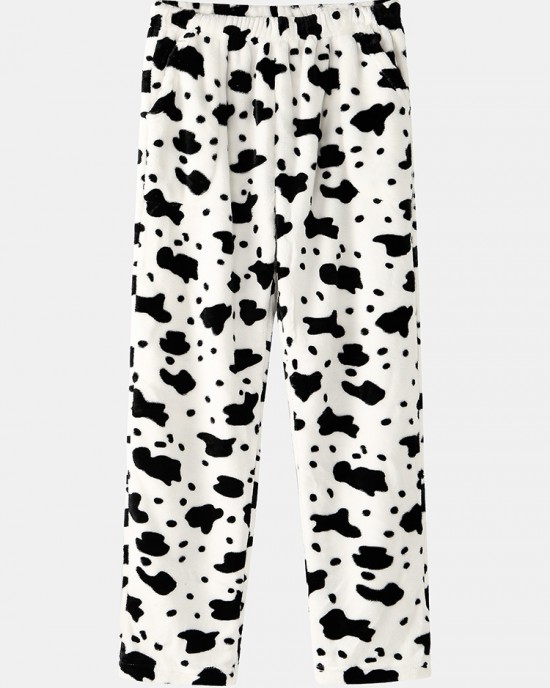 Mens Cows Pattern Thick Elastic Waist Plush Loose Pants Home Sleep Pants