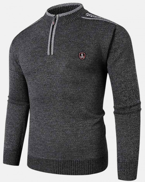 Mens Applique Half Zipped Front Pullover Knitted Sweaters